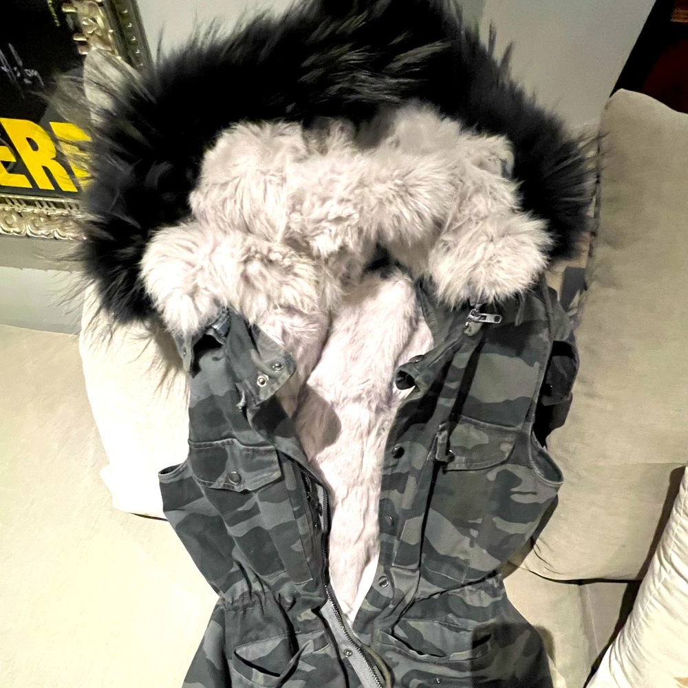 Reversible Real Fur lined (removable) camo vest with hood- Wear it 4 ways!